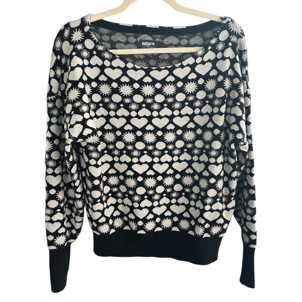 Maeve Anthropologie Boat Neck Black and White Heart Sweater - Picture 2 of 6